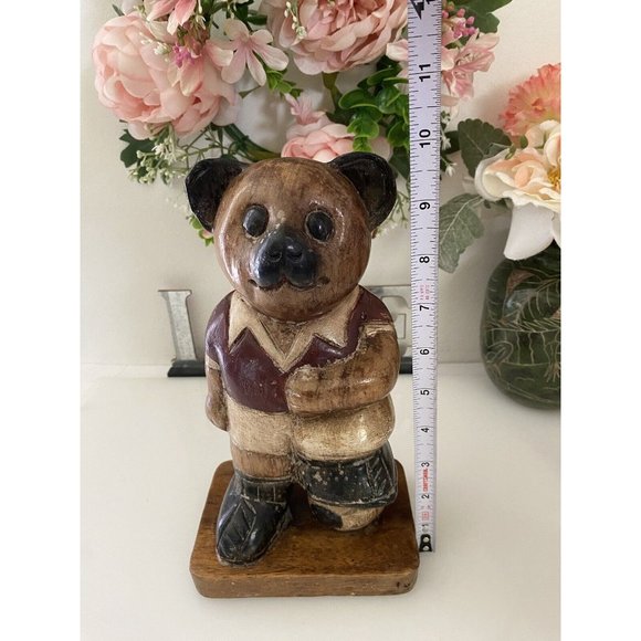Vintage Wooden Bear Statue Large 10" Soccer Teddy Bear Kids Room Decor Figurine - Picture 15 of 16